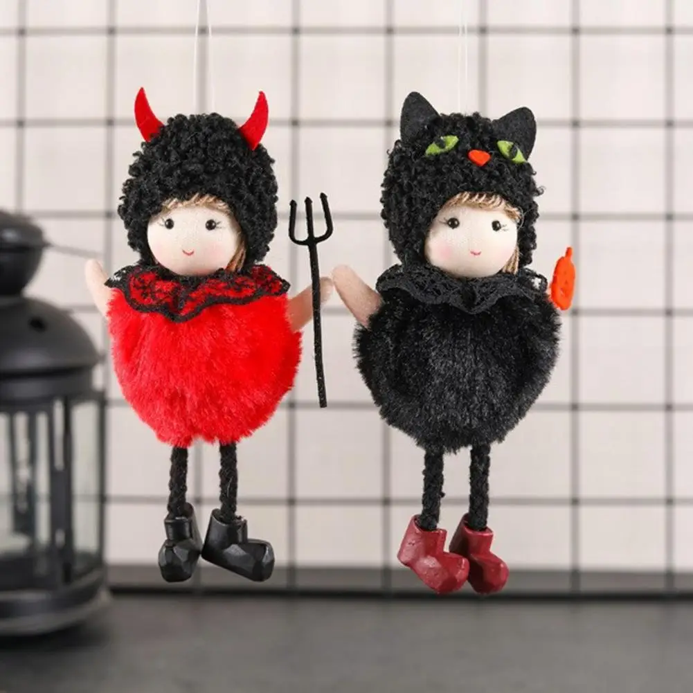 Thick Soft Halloween Doll Halloween Hanging Plush Witch Doll with Lanyard Furry Pom Pom Ball Ornament Cute Halloween for Doors