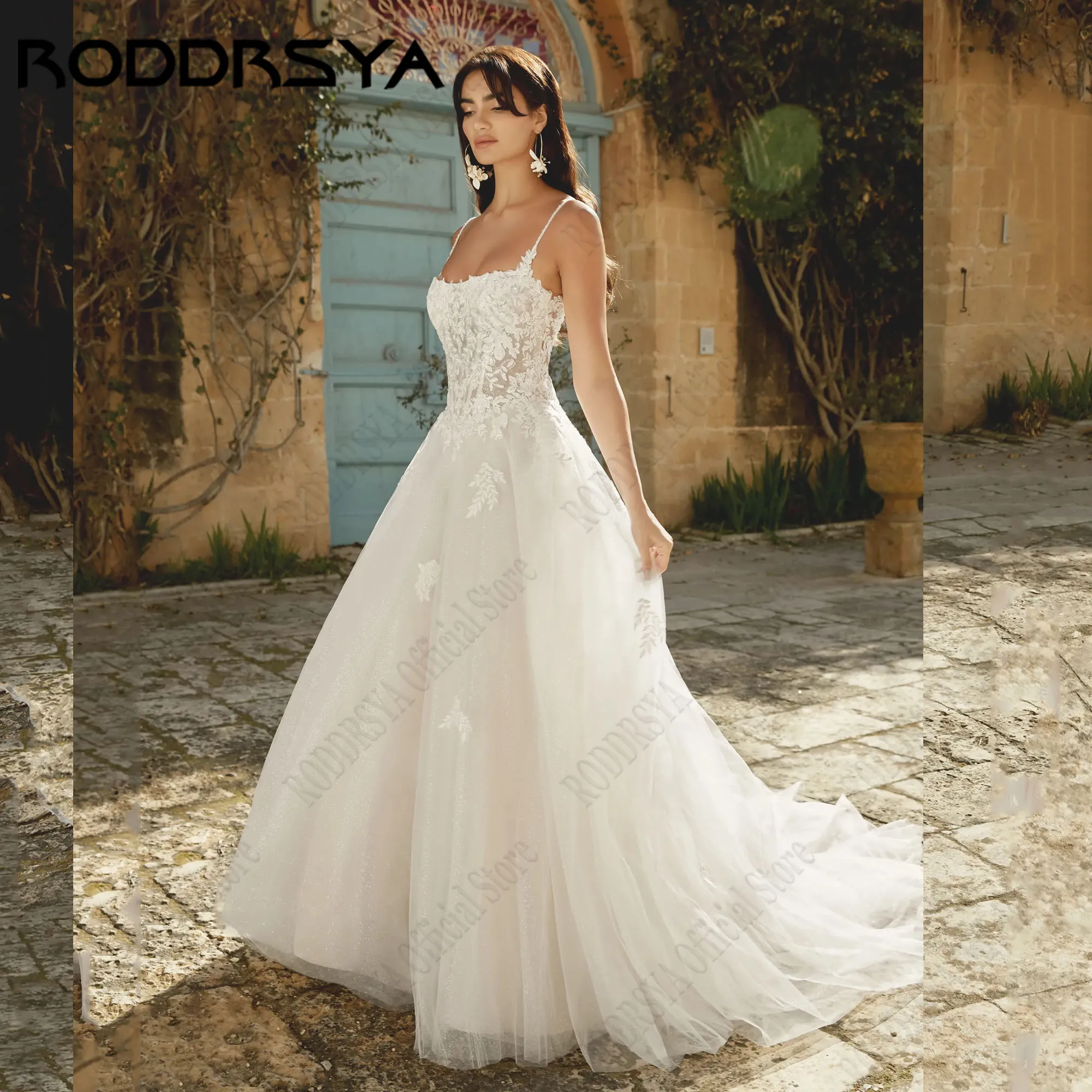 

RODDRSYA Spaghetti Straps Bride Dresses Square Neck A-Line Illusion robe de mariée Sleeveless Tulle Wedding Gowns Customized