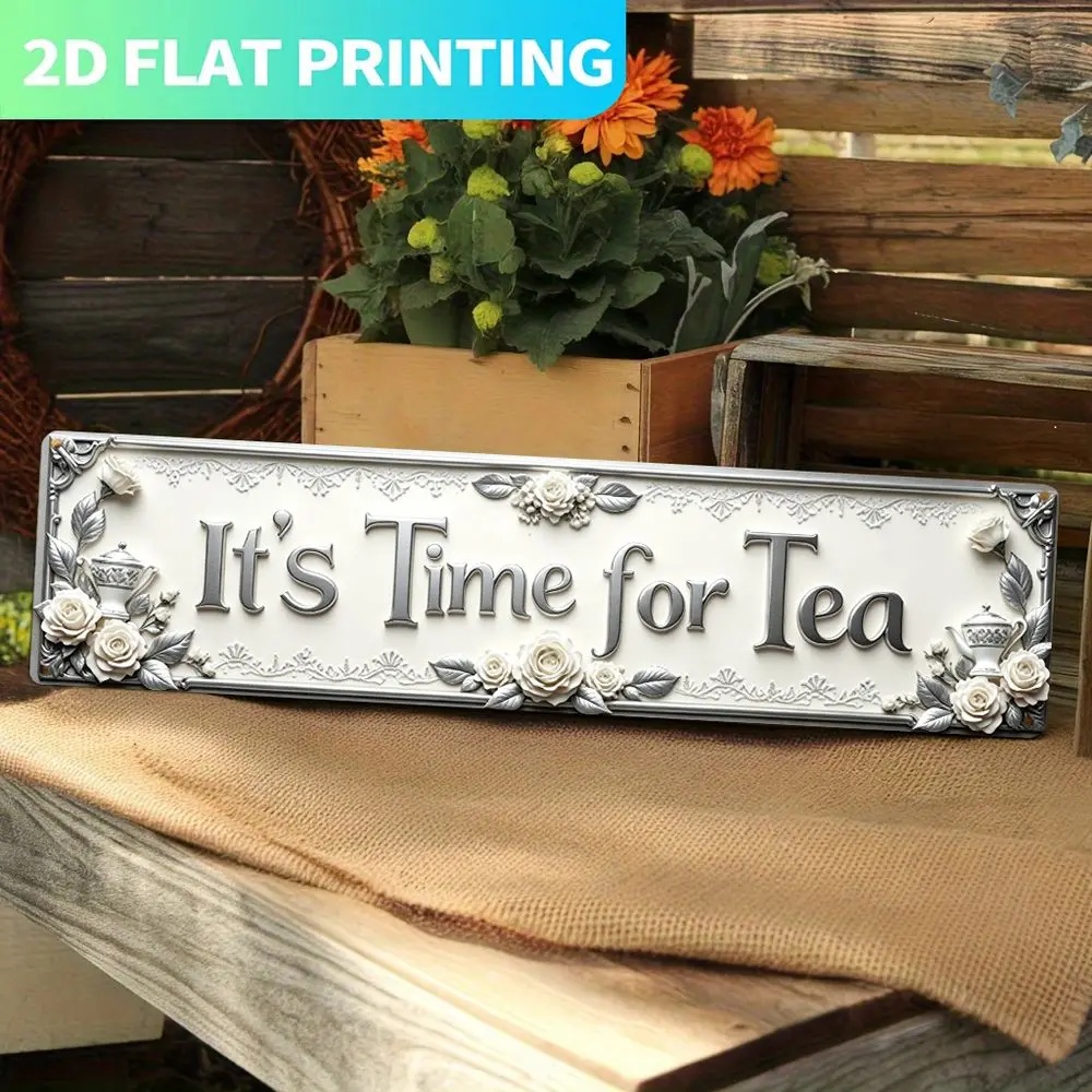 2D Flat, 2D Flat 1pc, Metal Sign, Large Vintage 'It's Time for Tea' Metal Wall Plaque 15.75inch X 3.94inch Sign - Tea Party Sign