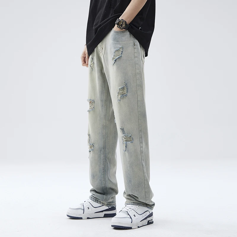 Summer thin distressed scraped beggar jeans men's straight and loose pants streetwear men  cargo pants ripped jean men