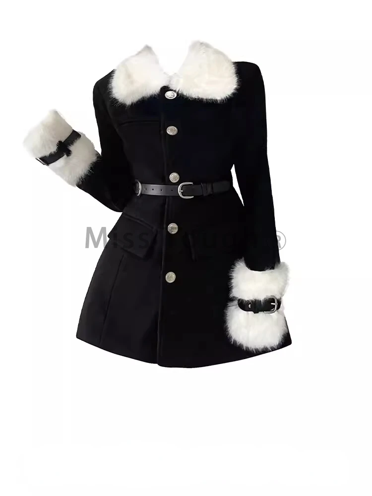 2024 Vintage Elegant Winter New Coat Women Patchwork Y2k Retro Outerwear with Belted Female Korean Fashion Chic Casual Clothes
