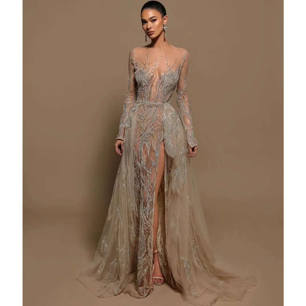 Sexy Mermaid Evening Dresses Long Sleeves V Neck Sequins Appliques 3D Lace Hollow TrainSide Slit Zipper Prom Dresses Custom Made