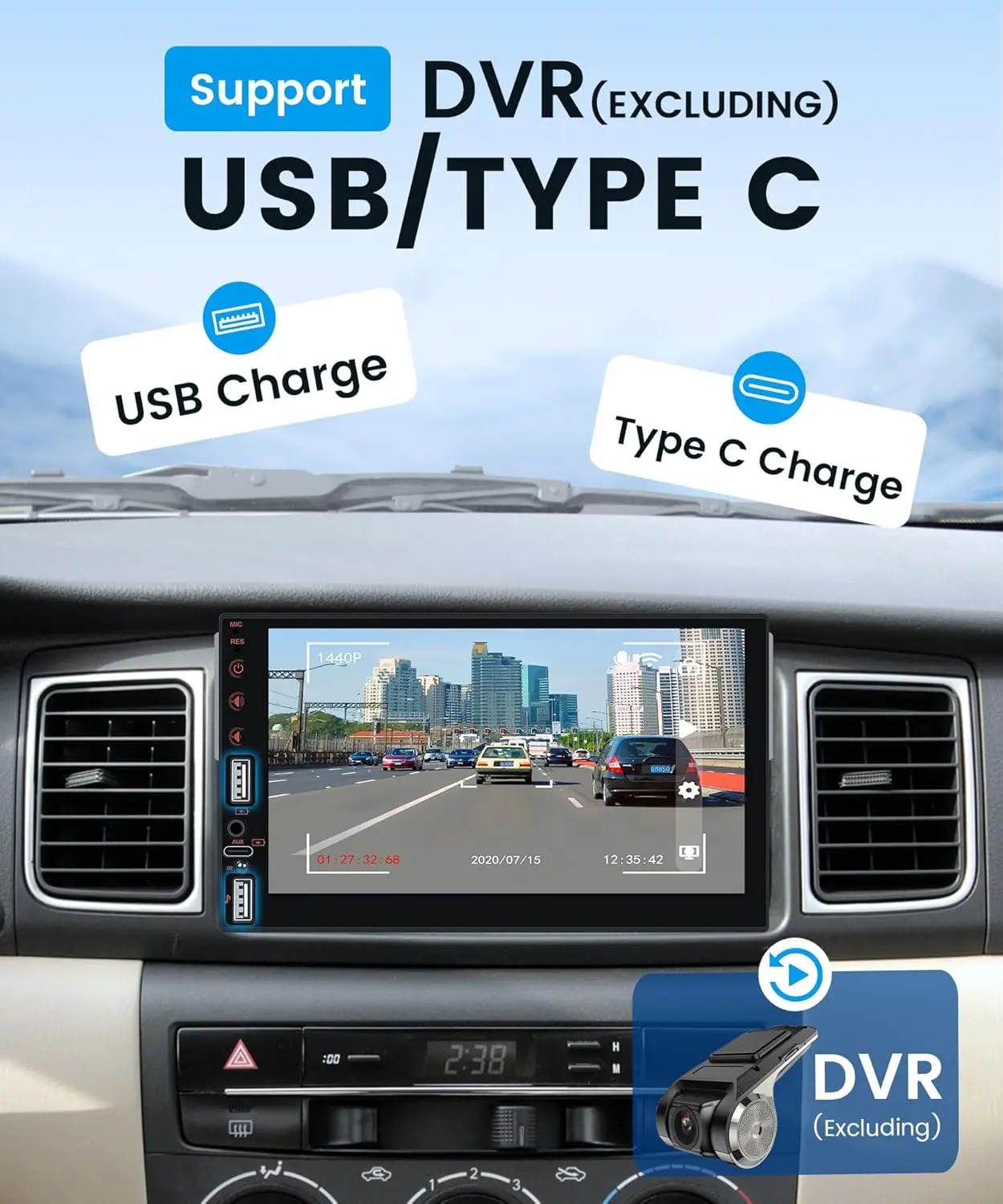 Estéreo para automóvil de 7' con CarPlay inalámbrico y Android Auto, Bluetooth, YouTube, FM, tipo C, USB, cámara de respaldo