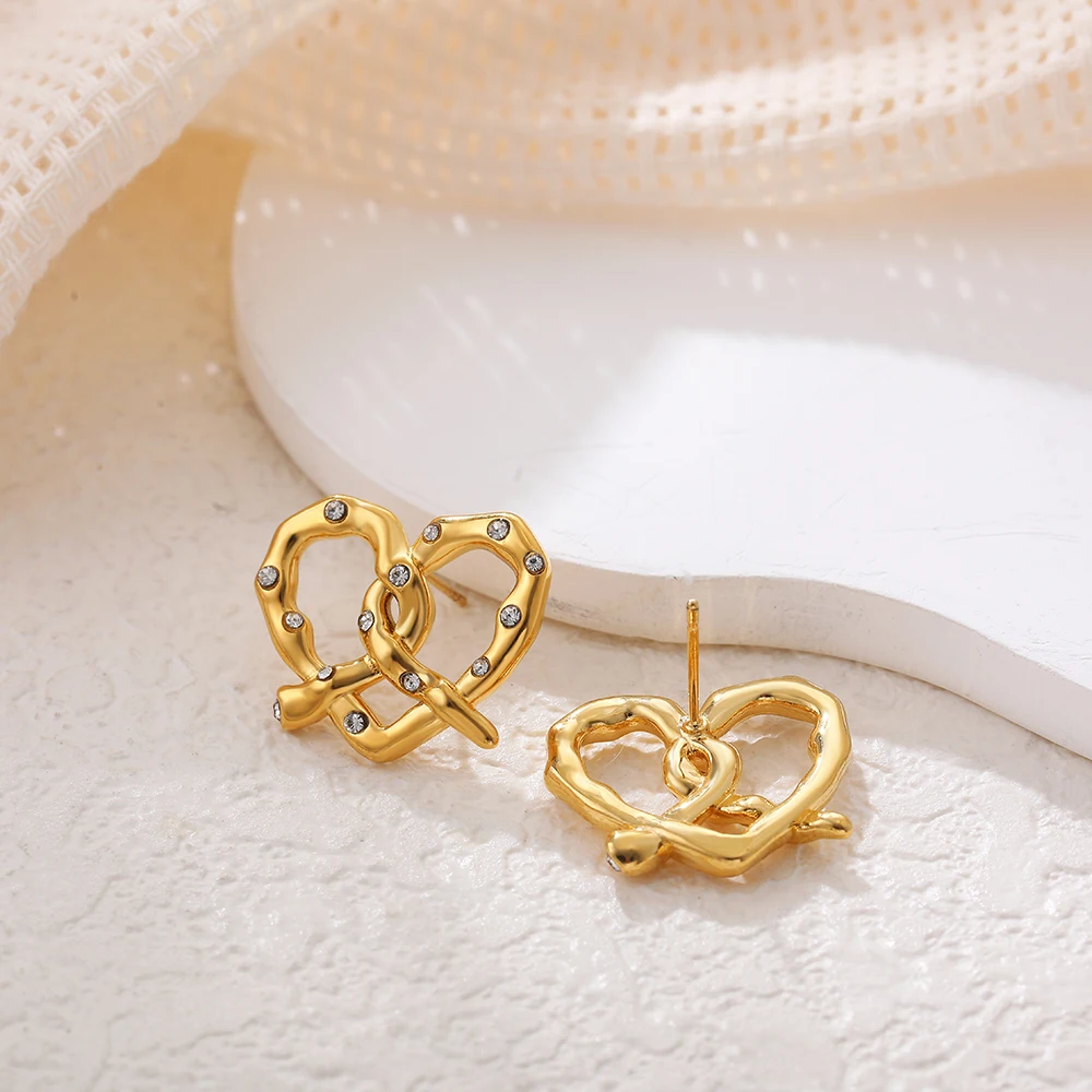 Lovely Knotted Heart Shape Stud Earrings for Women Girls Cute 18K Gold Plated CZ Zirconia Bowknot Tiny Earrings Sweet Jewelry