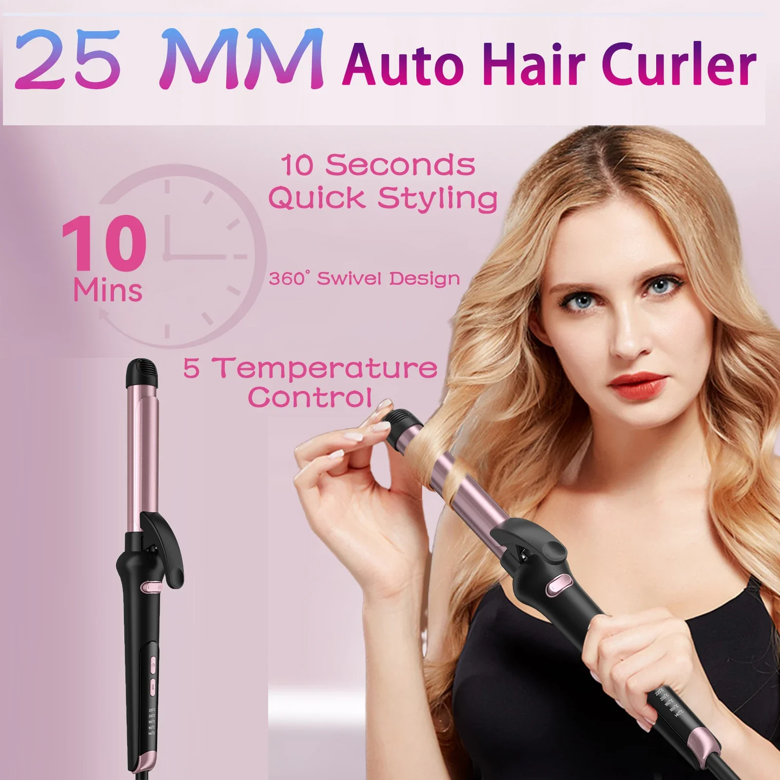 

25MM Auto Hair Curler, 5-level temperature control, 30-second fast heating, women DIY hairstyling, suitable for home and salon