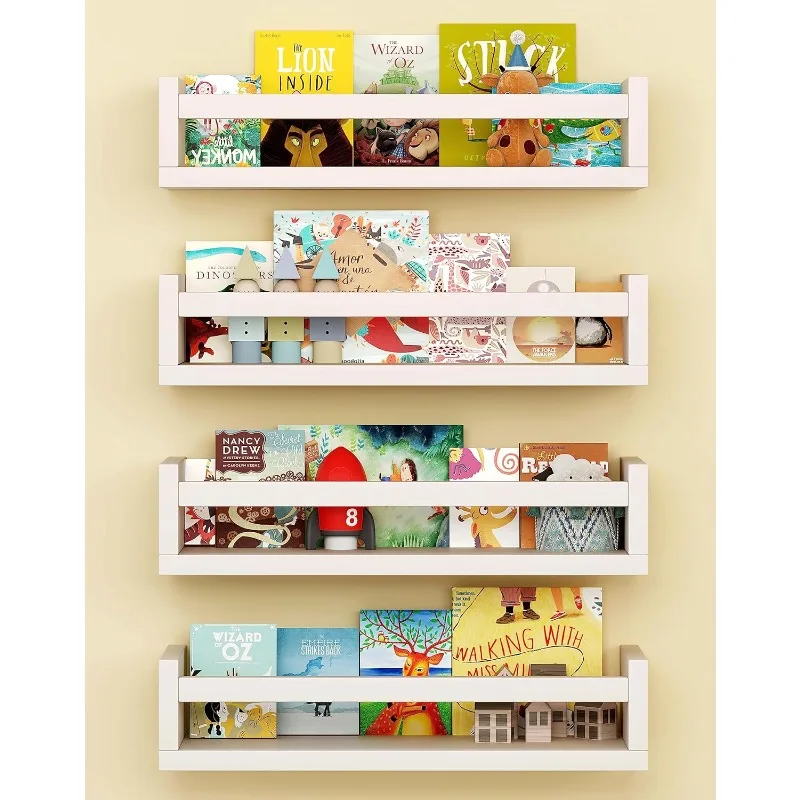 Set of 4 Wall-Mounted Kid's Bookshelf - White Floating Nursery Book Shelves -Durable Wood Construction - Ideal for Nursery Decor