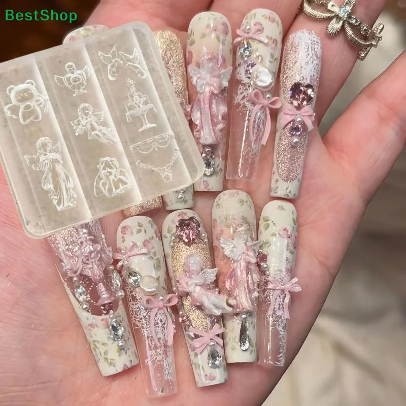 3D Engel & Bär Nagelkunst Silikonform, Niedliche Vintage-Design-Form für DIY Nagelcharms & Dekorationen
