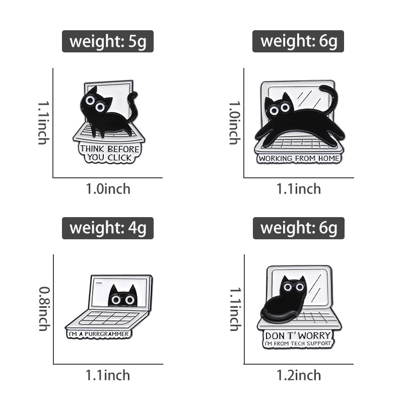 4pcs Personalized and Creative Little Black Cat Versatile Cartoon Pins and Cartoon Clothing Accessories on the Computer