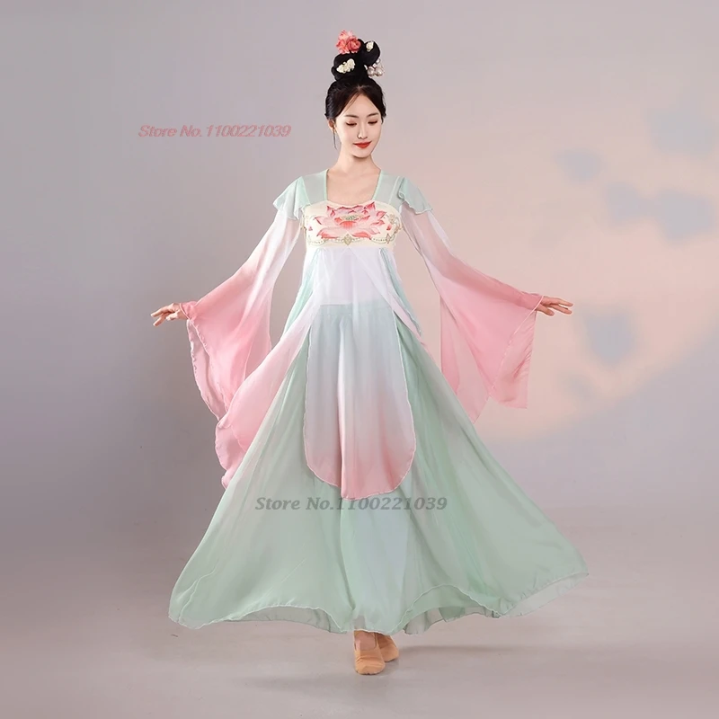 

2025 chinese vintage dance dress national flower print ruqun hanfu tops+pants set folk dress stage performance hanfu costume