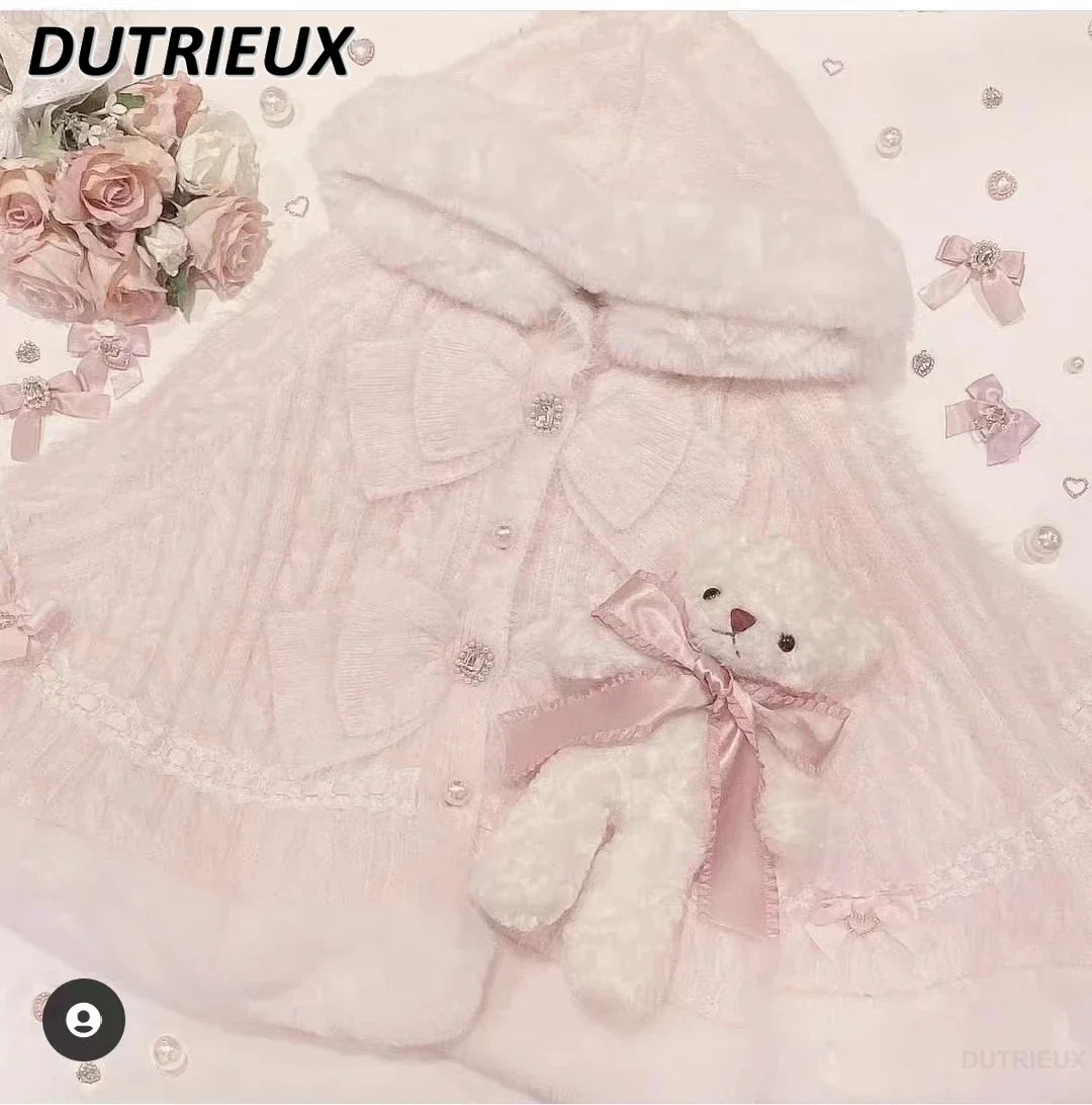 خريف شتاء جديد سترة سترة المرأة اليابانية الألغام الحلو لينة شمعي سميكة الحلو زر اللؤلؤ مقنعين محبوك سترة الرأس سترة