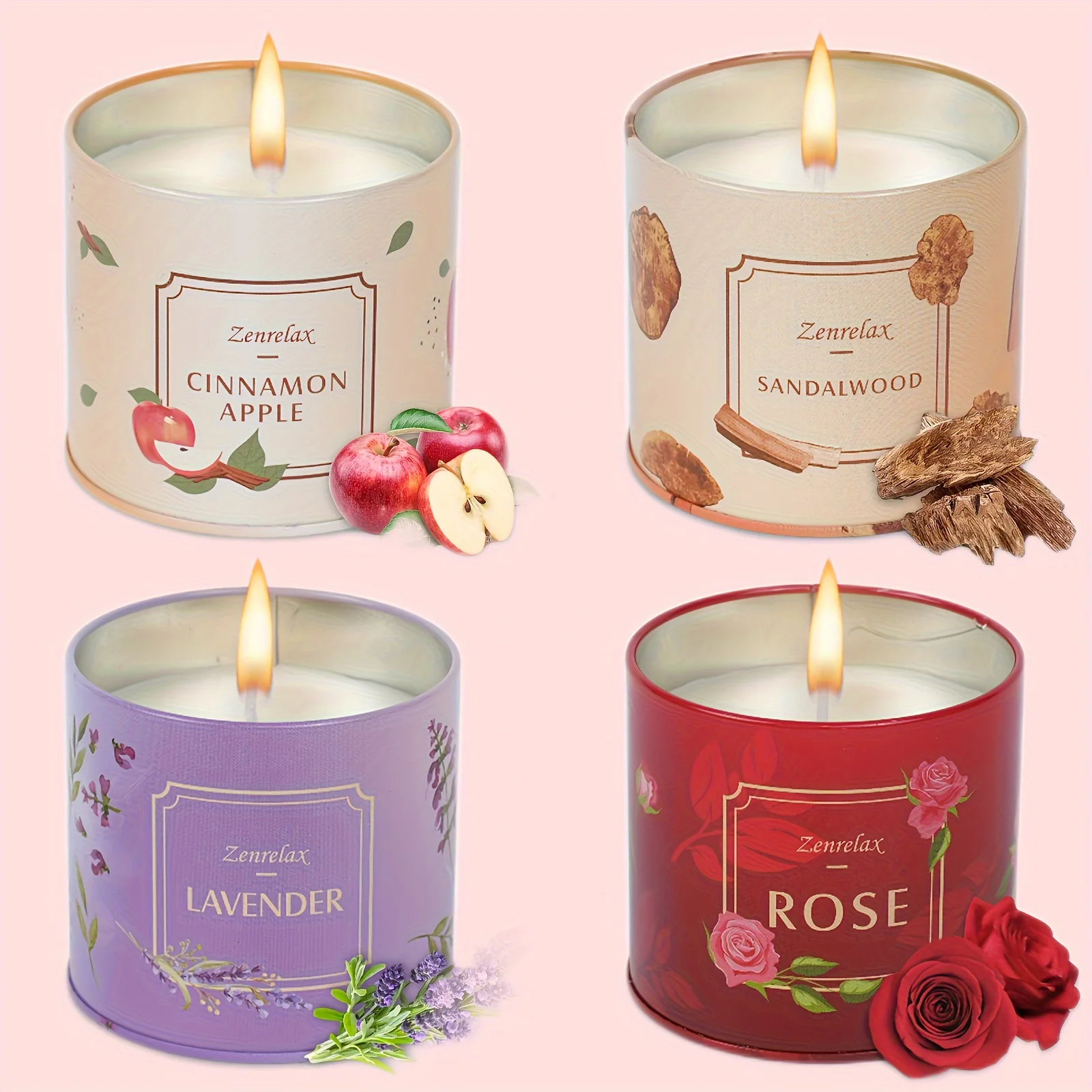30oz Scented Candle Set for Women - Rose, Sandalwood, Cinnamon, Apple & Lavender Fragrances in Metal Jar - Perfect