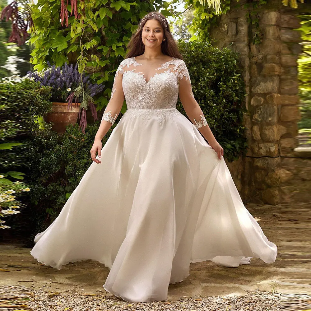 Customized Wedding Dress A-Line Chiffon Applique Draped Crew-Neck 3/4 Long Sleeve Button Brush Train Women Bridal Gown 2023 Cust