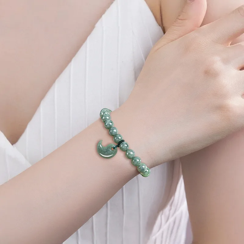 Unisex Authentic Natural A-Quality Jadeite Green Beans Taiji Hook Pendant Bracelet with Round Bead Jade Stone Jewelry Drop Ship