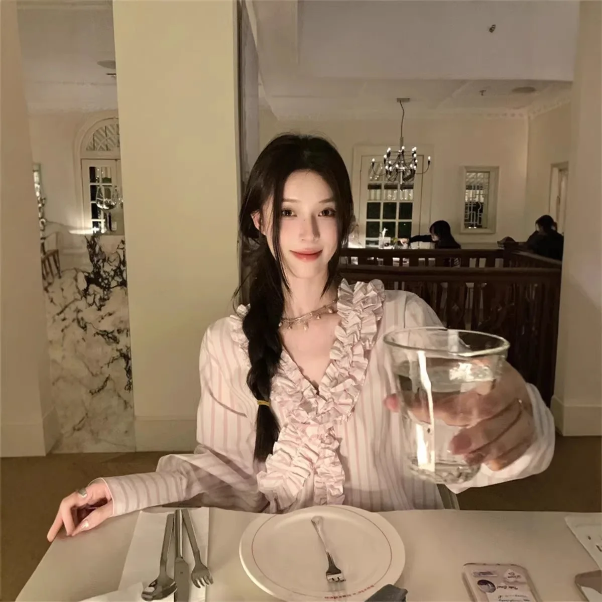 

Розовая полосатая рубашка с 3D-цветочным дизайном в корейском стиле, свободного кроя, из хлопка, с длинным рукавом, женская, премиум-качество, топ из Донгдэмун