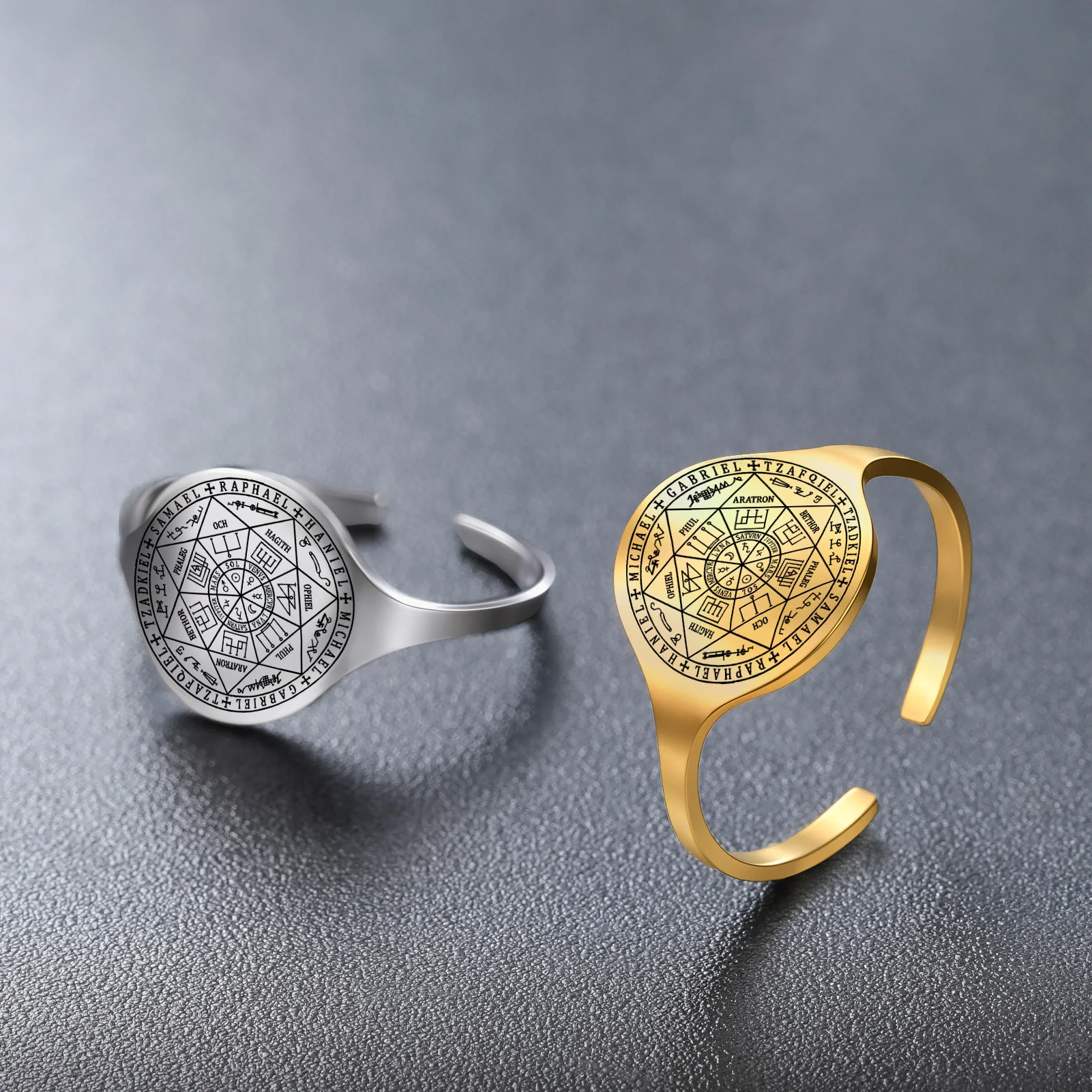 Seven Archangels Seal Adjustable Open Ring Stainless Steel Solomon Talisman Amulet Protection Jewelry for Men Women