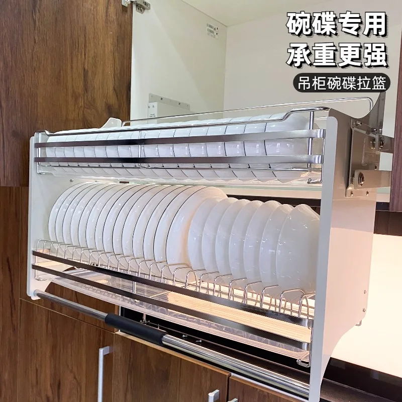 304 stainless steel dishes hanging cabinet drop-down basket high cabinet drop-down basket tableware drain tray