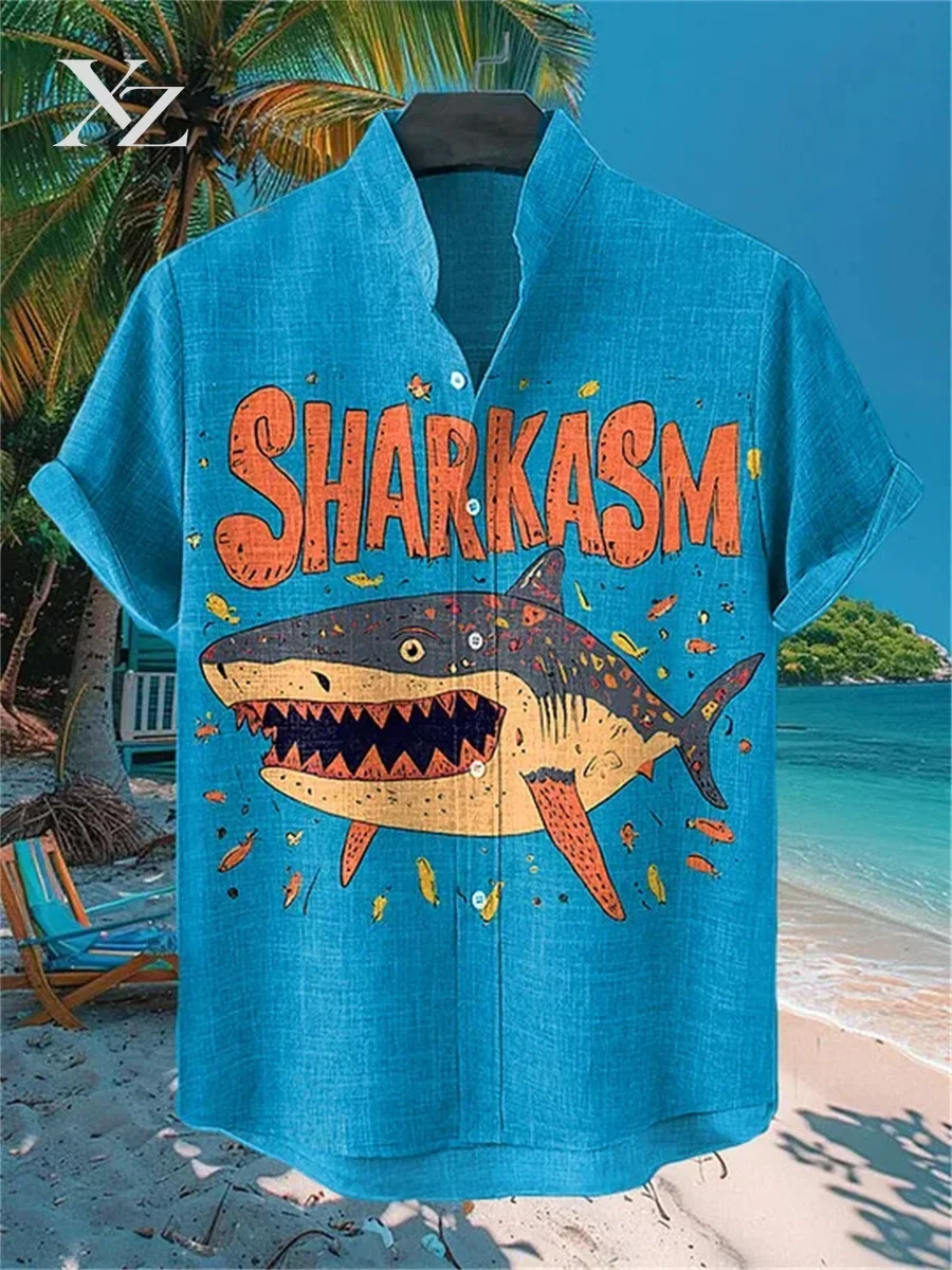 Men's Summer Hawaiian Shirt, Funny Shark Print, Short-Sleeved Loose Breathable Casual Top, Trendy
