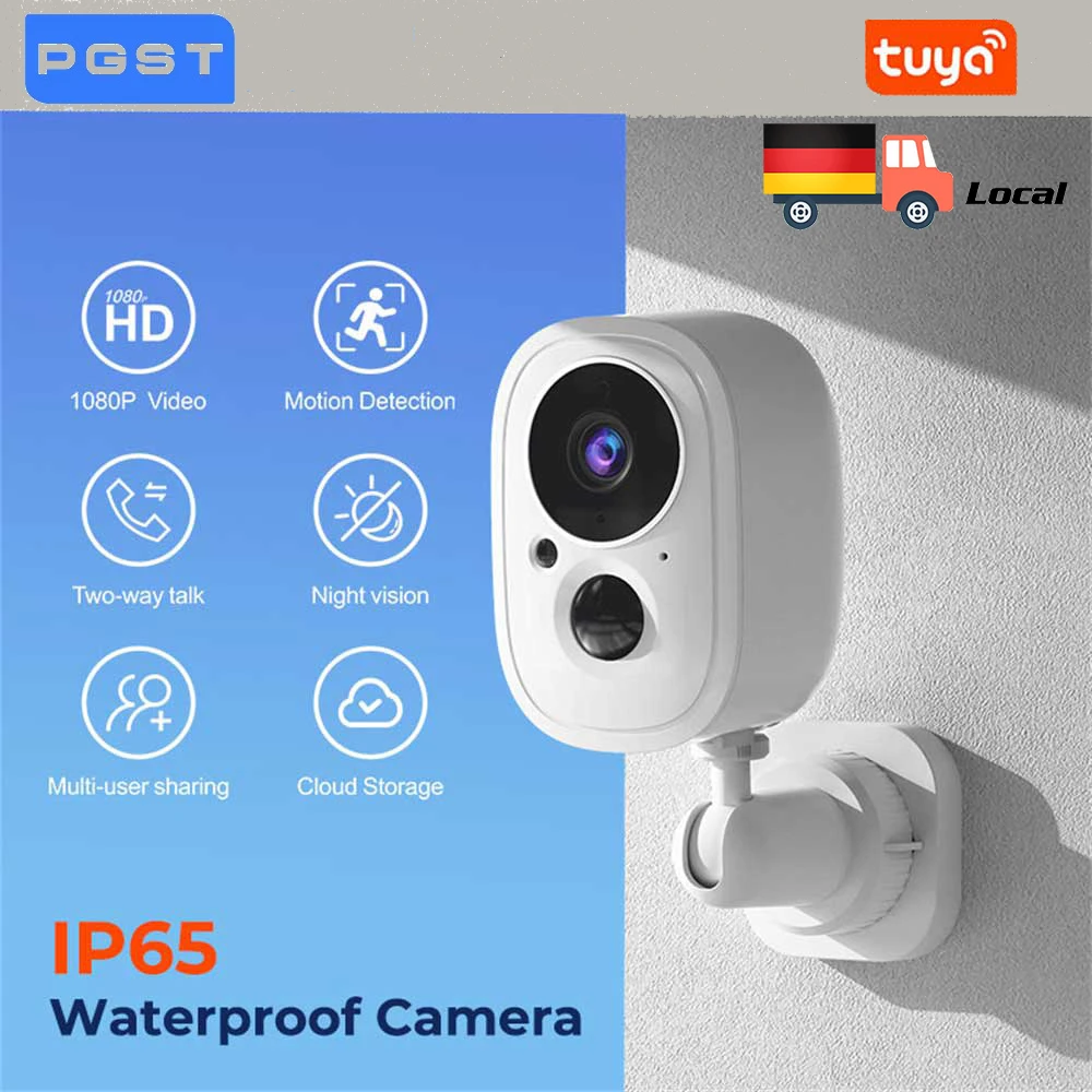 Caméra de sécurité intelligente PGST Tuya, caméra IP WiFi, étanche, vision nocturne, audio bidirectionnel, détection de mouvement avec Smart Life/Alexa