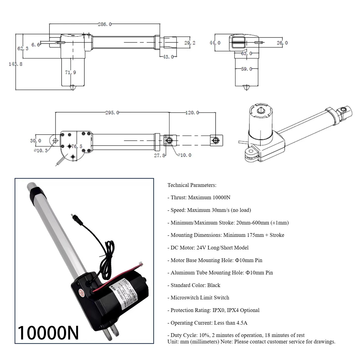 10000N High Thrust 24V DC Linear Actuator Electric Cylinder Lifting Motor For Automatic Telescopic Rod Industrial Lift System