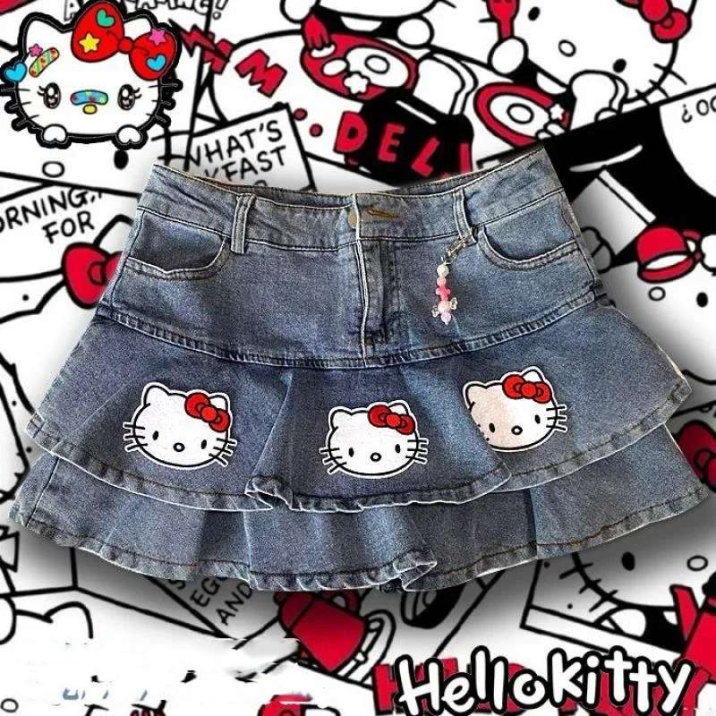 

Мультяшные Sanrios Hello Kittys Kawaii милая девочка Y2K милые джинсовые короткие юбки для девушек милые модные трапециевидные юбки