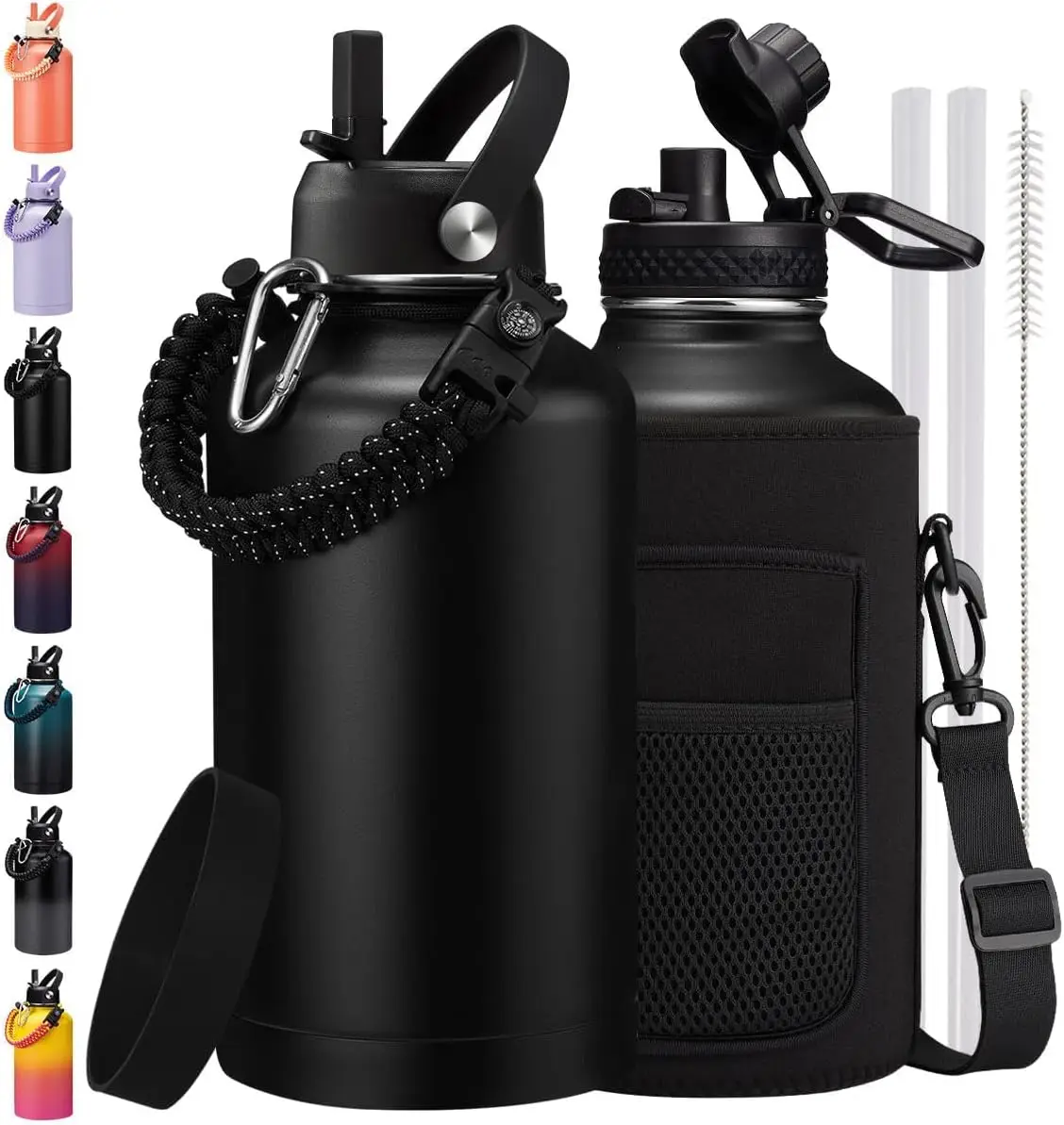 

64 oz Insulated Water Bottle with Straw & Spout, Keeps Cold 48H, Stainless Steel Flask with Paracord Handle & Bag