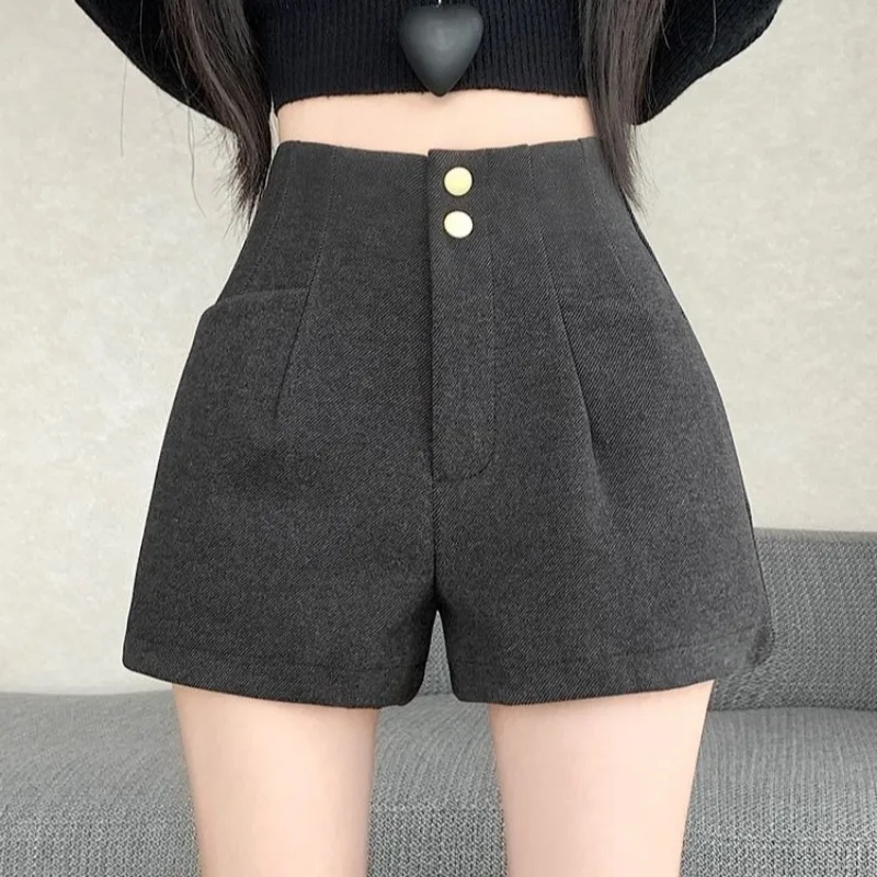 Short en laine Mujer solide taille haute automne hiver Vintage femme pantalon mode coréenne Simple pantalons Cortos