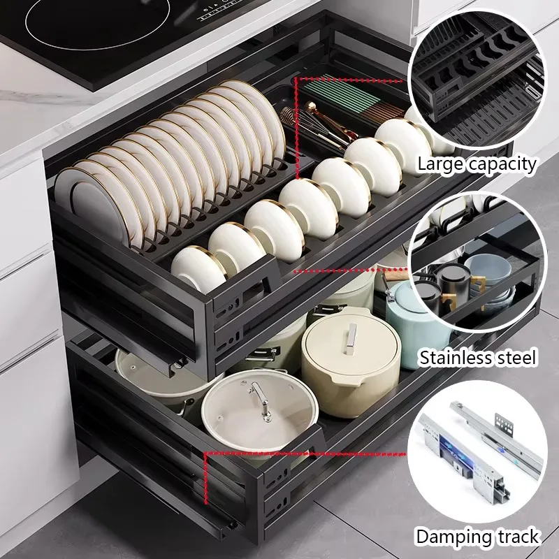 2-Tier Stainless Steel Cabinet Organizer with Pull-Out Basket Built-In Dish Rack and Dish Drying Rack for Kitchen Storage