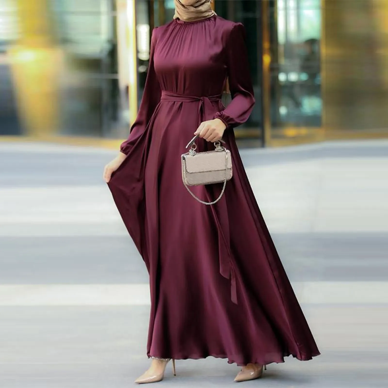 

Women'S Muslim Party Solid Satin Maxi Dress 2024 Summer Chic Elegant Puff Sleeve Robe Casual Holiday Swing Kaftan Ol Dubai Abaya