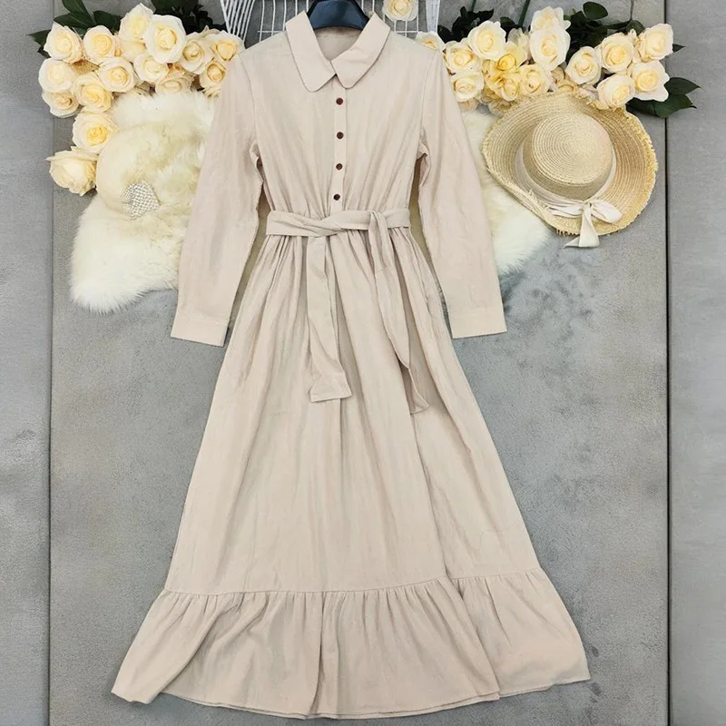 2025 خريف/شتاء موضة جديدة ريترو بأكمام طويلة البوهيمي فستان طويل من القطن والكتان فساتين طويلة للنساء