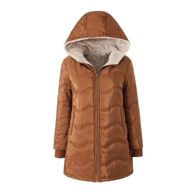 autumn and winter women's geometric wave hooded lambskin thick warm cotton jacket, fashionable mid to long length cotton jacket