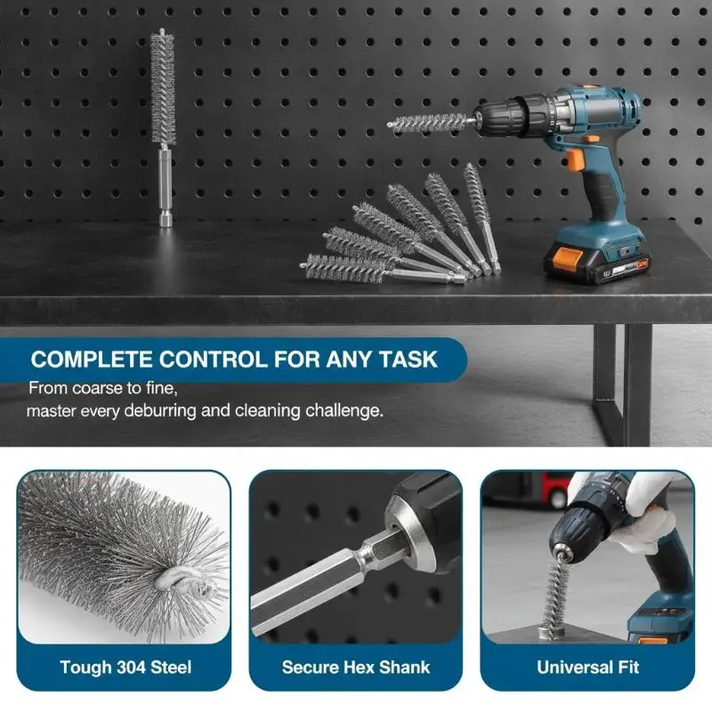 Rust Proof Stainless Steel Pipe Cleaning Brush Set 6-14Pcs 8-19mm 1/4 Hex for Outdoor Water Pipe Maintenance