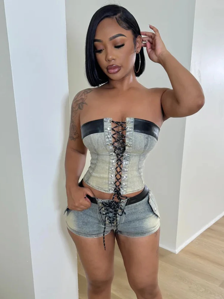 

Weird Puss Denim Summer 2 Piece Set Women Leather Edging Vintage Y2K Shirring Strapless Tops+Shorts Hipster Summer Matching Suit