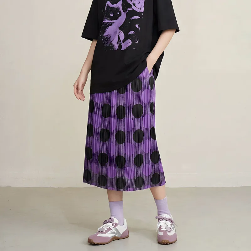HKSH Women Skirt Pleated Polka Dot Printed Contrast Color Elastic Waisted Versatile Slimming Trendy Casual Skirts Summer HK22813