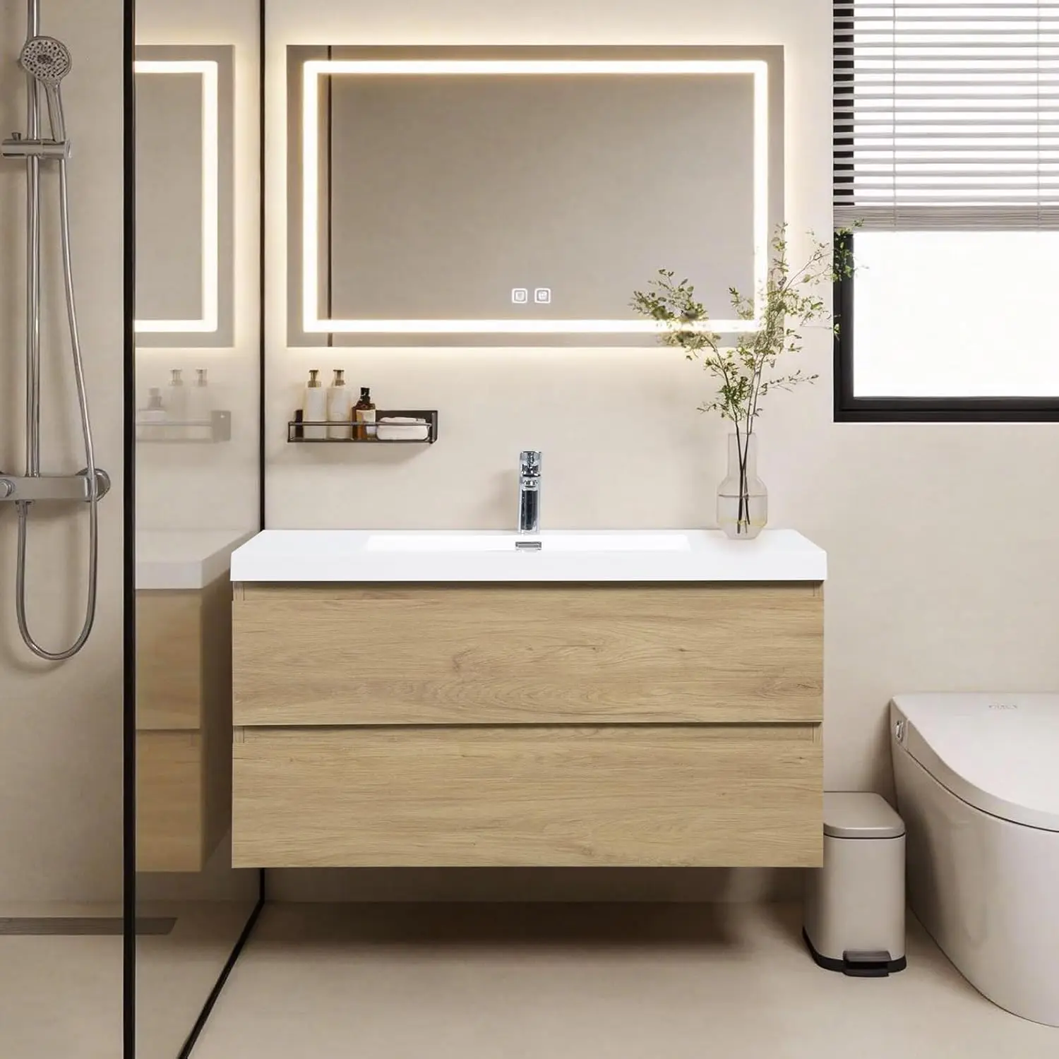 

42in Wall Mounted Bathroom Vanity w/ Integrated Sink & Soft Close Drawers, Natural Oak, Customized