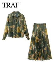 TRAF-Conjunto de camisa informal con estampado Floral verde Vintage para mujer, traje de falda acampanada plisada con forro de cremallera lateral de cintura alta a la moda