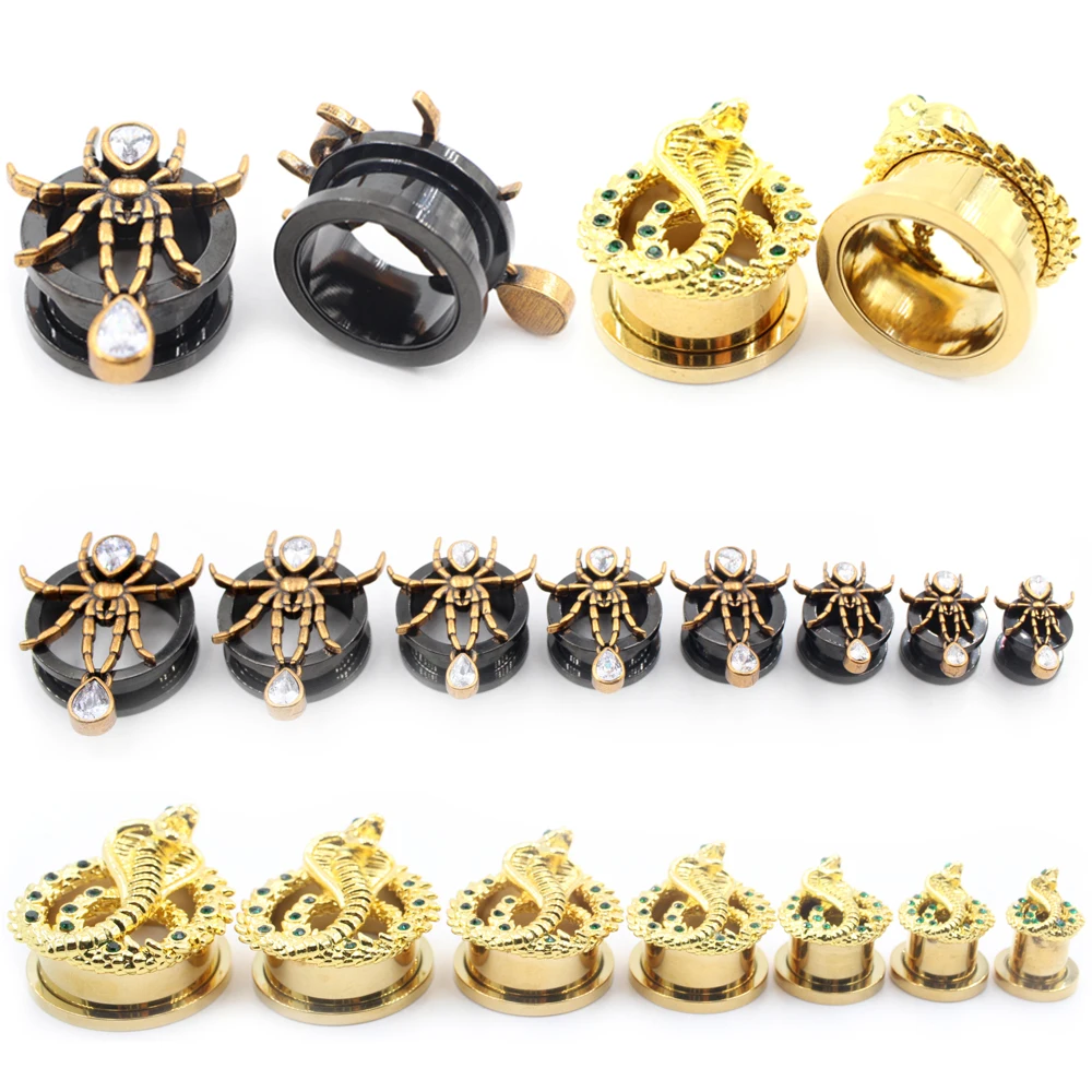 1PC Stainless Steel Snake Spider Water Drop Zircon Thread Ear Tunnel Plug Expander Stretcher Gauge Earring Piercing Body Jewelry