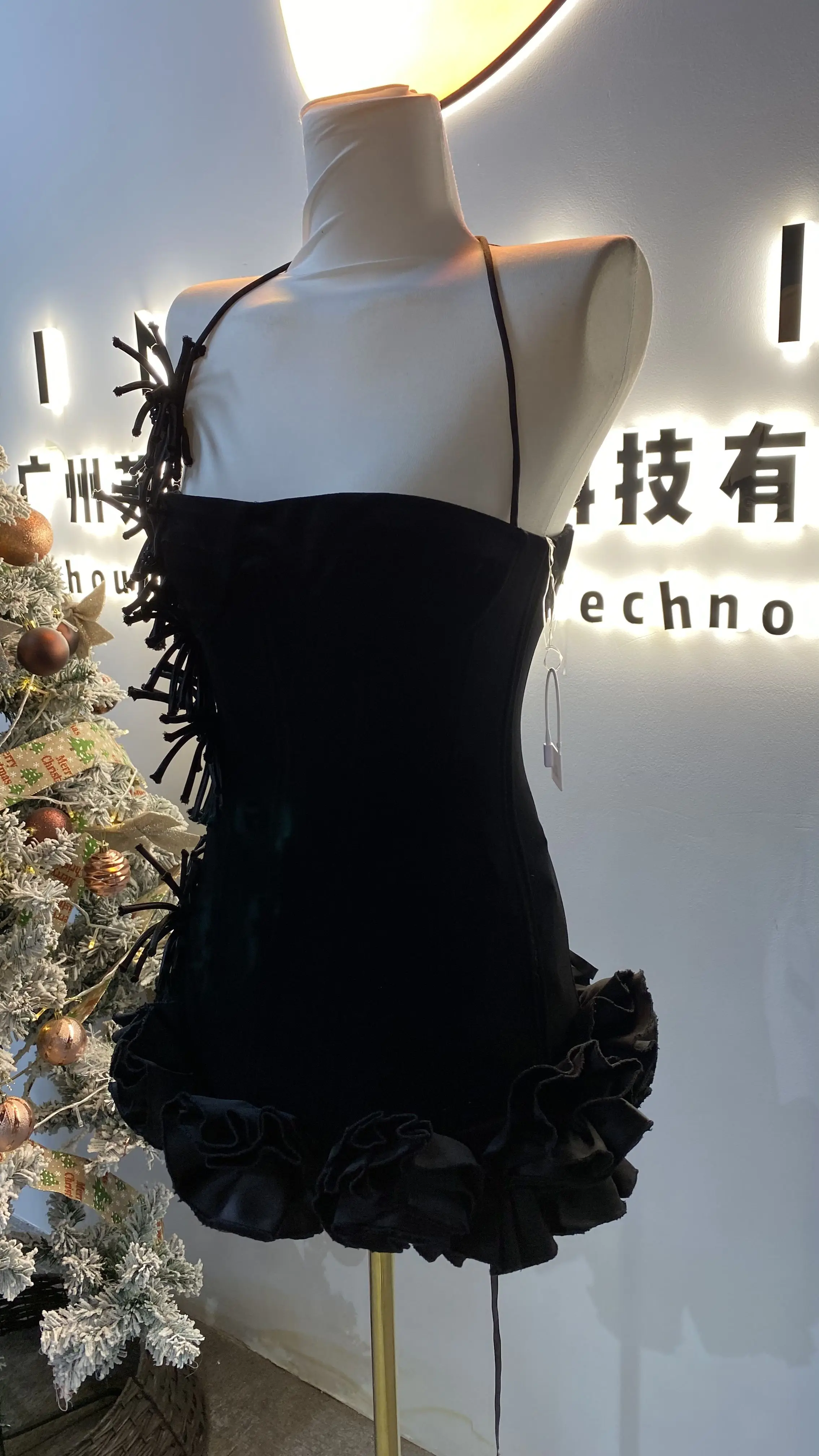 Abito da sera da ballo per festa di compleanno con corsetto in pizzo senza schienale da donna estivo increspato-GZXX044