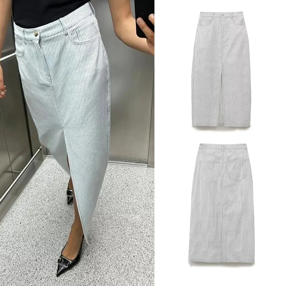 

PRINTKAOIR New Women Vintage High Waist Sexy Front Slit Striped Long Skirt Vintage Pockets Elegant Lady Summer Skirts