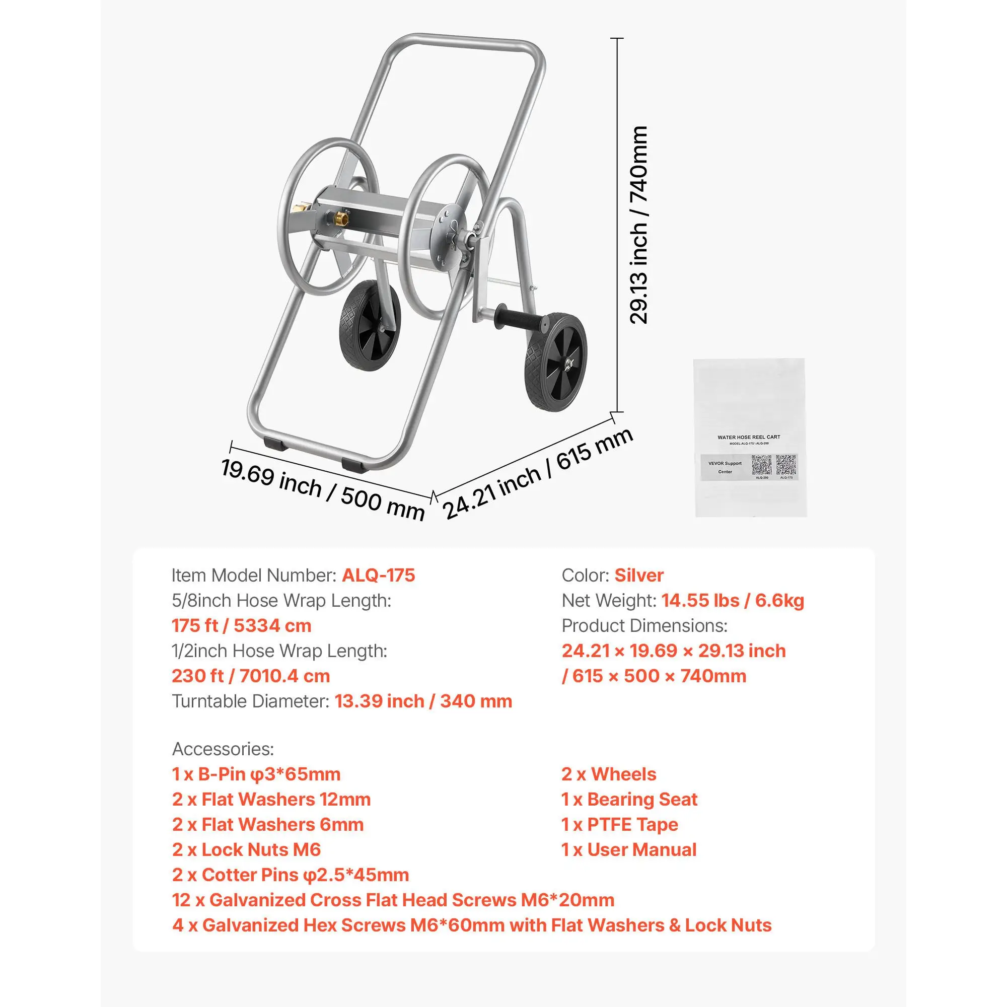 Hose Reel Cart, Hold Up to 175 ft of 5/8'' Hose (Hose Not Included), Garden Water Hose Carts Mobile Tools with Wheels, Heavy Duty Powder-coated Steel Outdoor Planting for Garden, Yard, Lawn