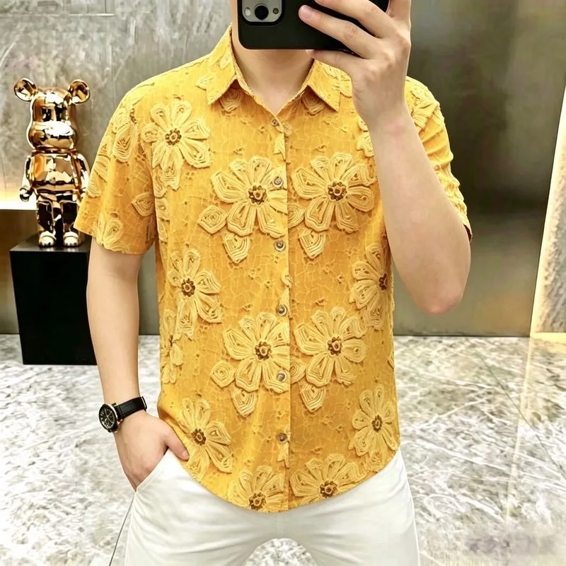 Summer New Style Men's Yellow Flower Print Ice Silk Short Sleeve Shirt Casual Fashion Trend Collar Upgraded Fit Polyester Fiber