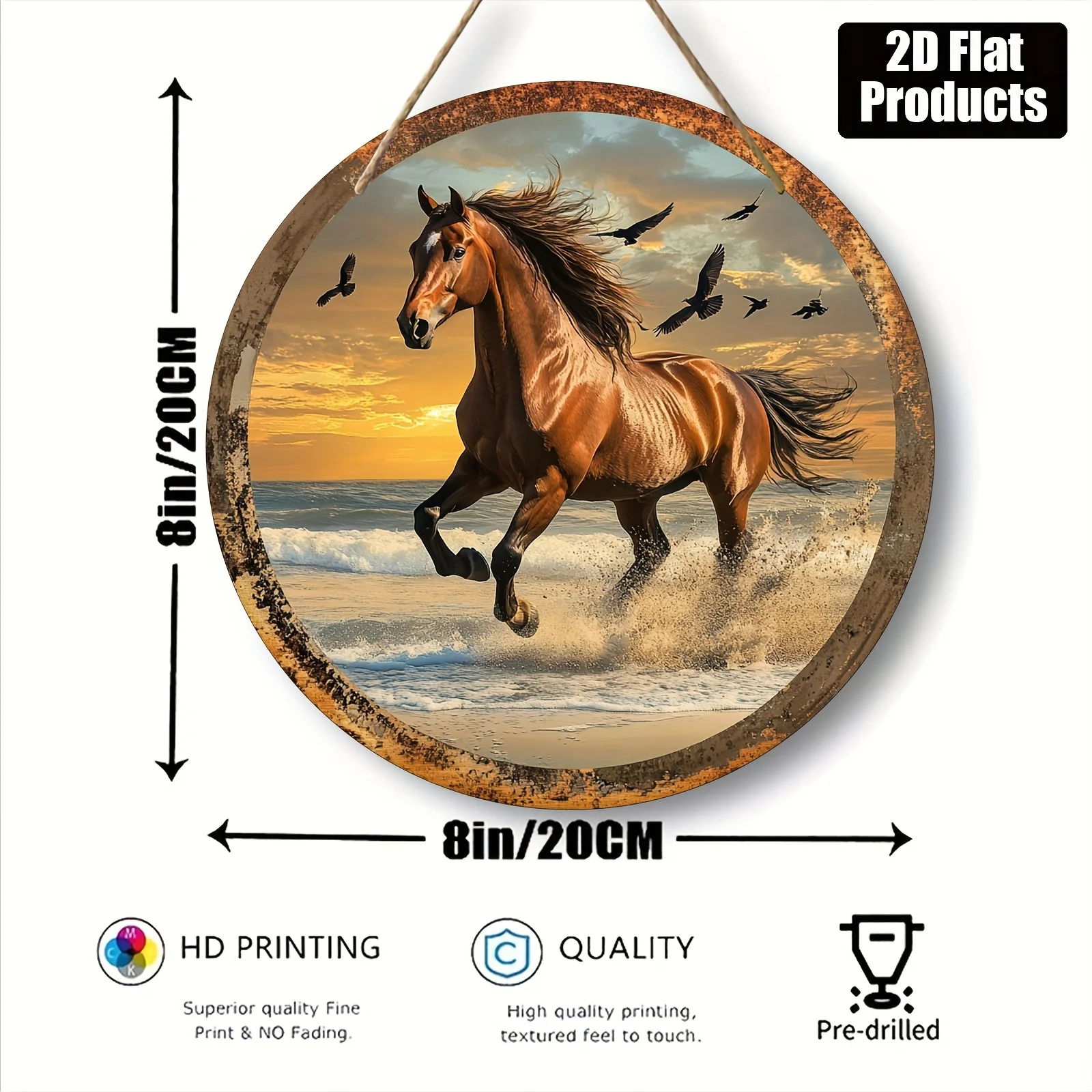 2D Flat 8x8 Inch Round Wooden Wall Art - Vibrant Horse in Motion with Ocean and Birds, Rustic Metallic Frame, Perfect for Home,