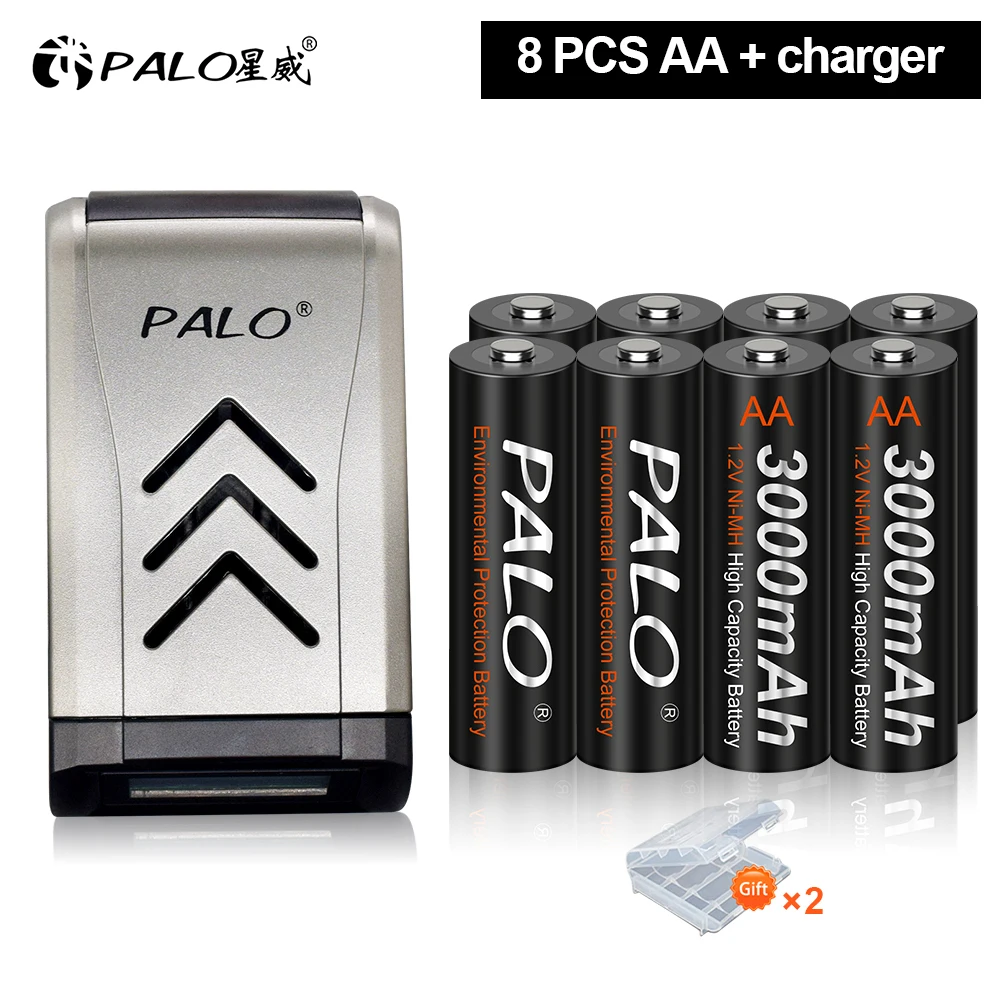 

PALO AA NIHM Rechargerable Battery 3000mAh 1.2V AA 2A HR6 Batteri Low Self-discharge Batteries With AAA/AA Battery Holder