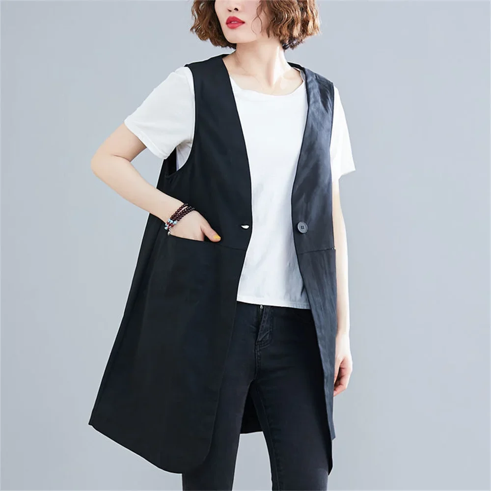 Cotton Linen Vest Women Waistcoat New Spring Summer Loose V-Neck Sleeveless Vest Top Long Grey Black Casual Vest Jacket V745