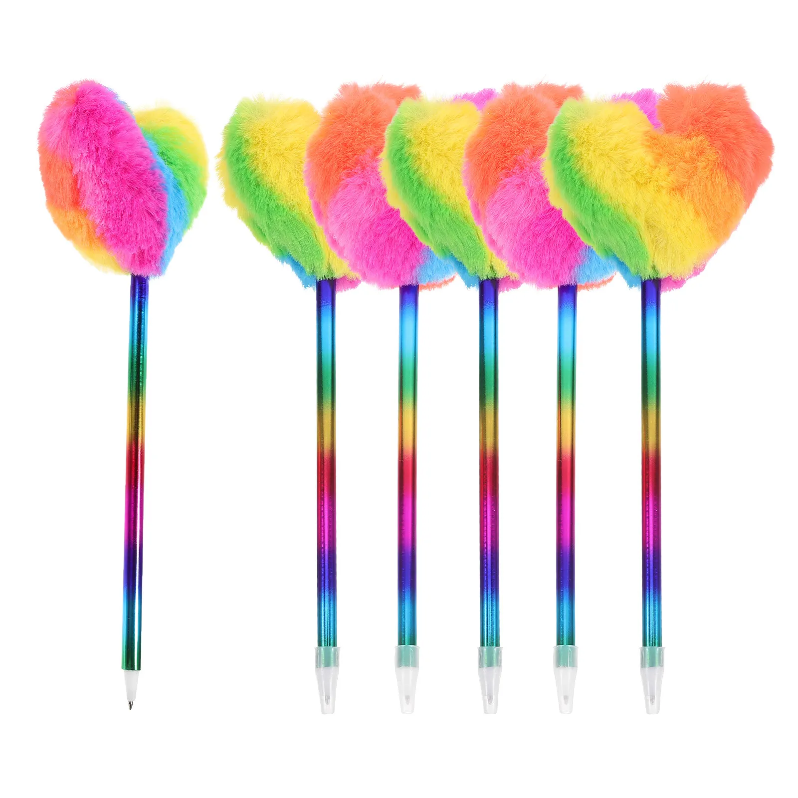 6Pcs Cute Desk Decor Heart Pom Ballpoint Pen Cheerful Design Smooth Ink Ergonomic Grip Study Office Drawing