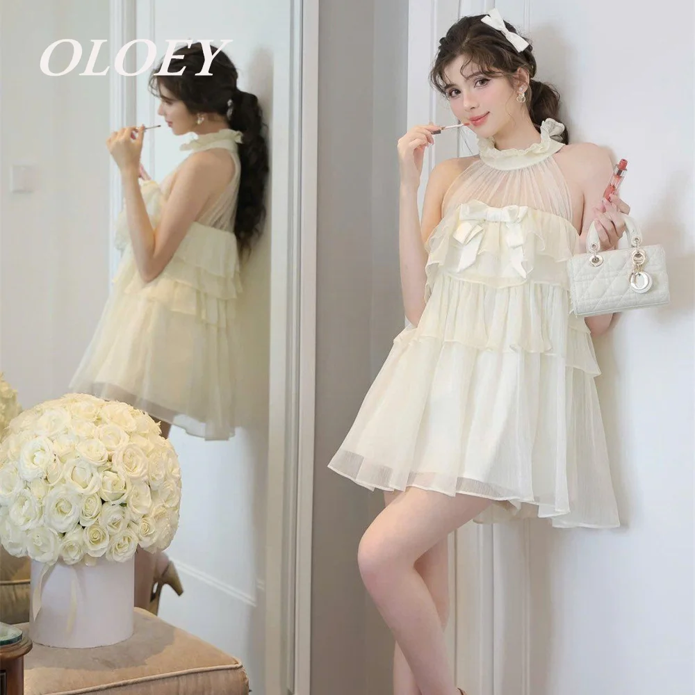 

OLOEY Modern Halter Short Prom Cocktail Dresses Customized Chic Women Party Night Gowns Sleeveless Ruffles Muti-layer Organza
