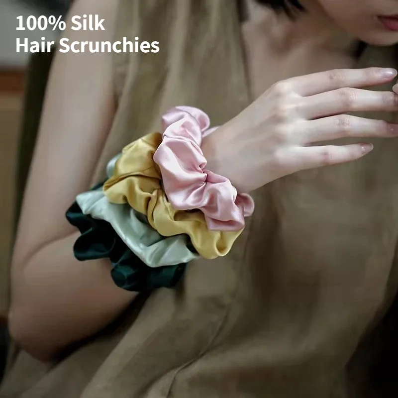 Korean 100 Mulberry Silk Scrunchies Large Hair Tie Pure Silk Tie Luxury Ponytail Holders For Women Girls Elastic Hair Band Loop