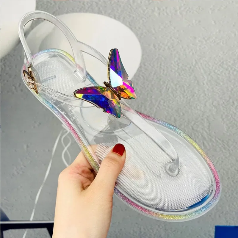 New Transparent Jelly Sandals for Women, Size 36-42 Butterfly PVC Crystal Summer Fashion