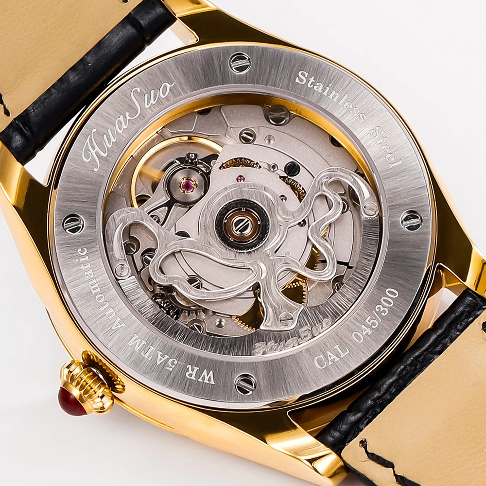 HUASUO Luxury 38mm Lacquer Mother-of-pearl Inlay Watches For Men Gold-plated Case 50m Waterproof Automatic Mechanical movement