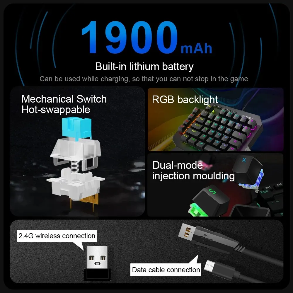 E-YOOSO K722 RGB 2.4Ghz Wireless Mini One-handed Mechanical Gaming Keyboard Blue Switch 44 Key Gamer for Computer PC Laptop