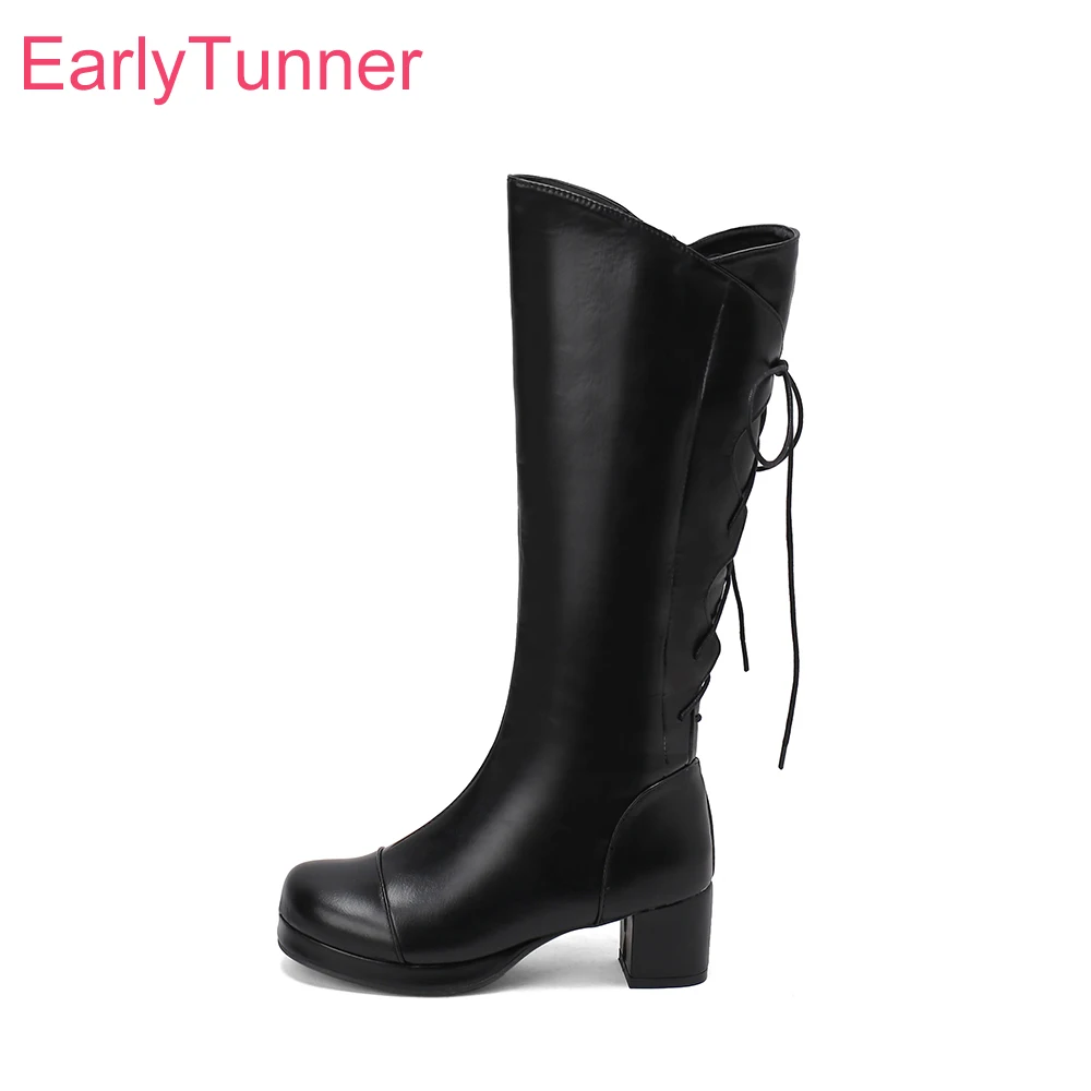  New Winter Sweet Black Pink Women Mid Calf Riding Boots Hot Med Block Heels Lady Shoes Plus Small Big Size 12 30 43 47 50